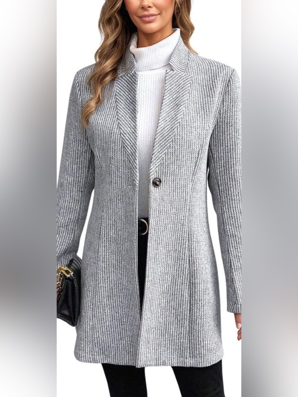 Made With Love Blazer/Coat Black & White Herringbone Mid Length Single Button XS